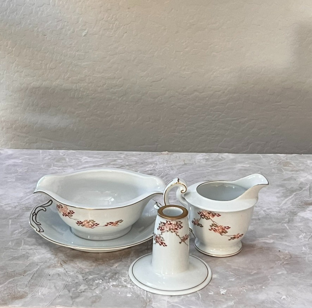 Fukagawa Arita Porcelain Gravy Boat Cream & Candle Holder Maple Leaves Handpaint